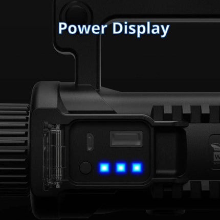 Rechargeable Outdoor LED Flashlight For Camping And Emergencies showing power display with three blue LED battery indicator lights
