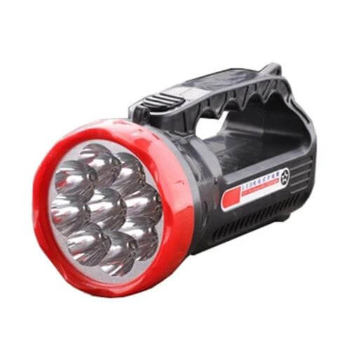 Rechargeable Outdoor LED Flashlight With Two Modes handheld rechargeable LED spotlight with red bezel, black body and carry handle