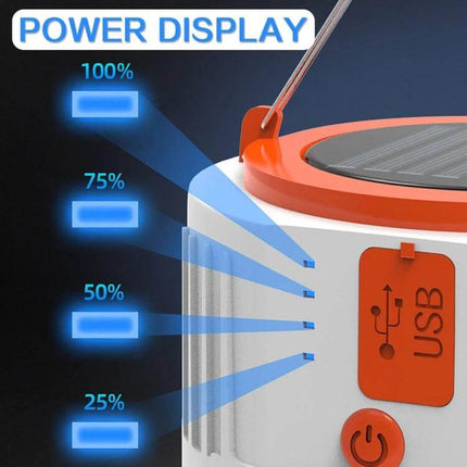 Rechargeable Solar LED Emergency Light For Home And Outdoor Use showing USB port, power display indicators (25%–100%) and built-in solar panel