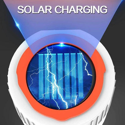 Rechargeable Solar LED Emergency Light For Home And Outdoor Use - close-up of solar charging panel with blue energy effect on compact lantern