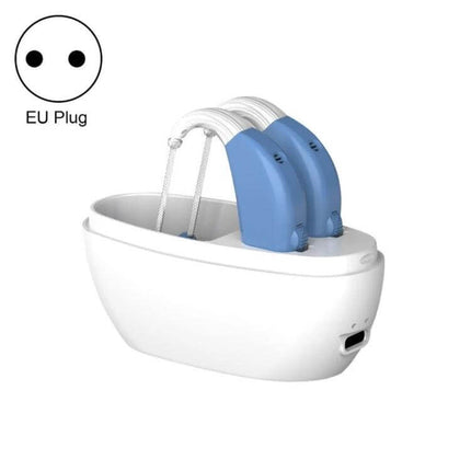 Rechargeable Sound Amplifier Hearing Aid For Elderly US Plug blue behind-the-ear rechargeable hearing amplifiers in white charging dock