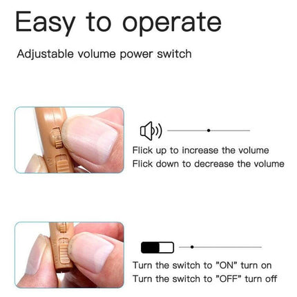 Rechargeable Sound Amplifier Hearing Aid For Elderly US Plug showing adjustable volume power switch being operated with fingertip
