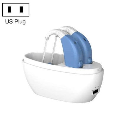Rechargeable Sound Amplifier Hearing Aid For Elderly US Plug in white charging dock with blue lightweight RIC devices