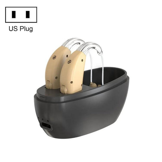 Rechargeable Sound Amplifier Hearing Aid For Elderly US Plug in charging dock showing beige behind-the-ear aids
