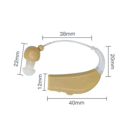 Rechargeable Sound Amplifier Hearing Aid For Elderly US Plug beige behind-the-ear hearing aid with dimensions 40x38x22mm and clear tubing