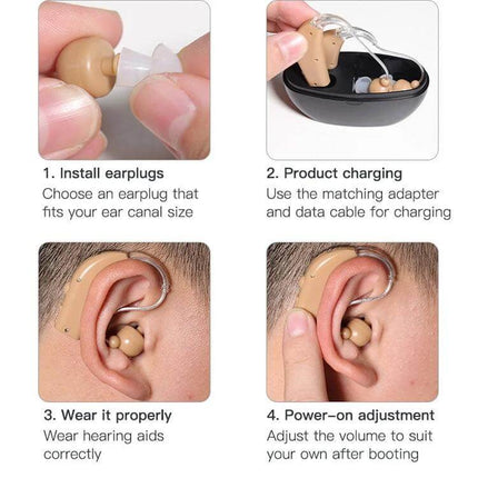 Rechargeable Sound Amplifier Hearing Aid For Elderly US Plug - Beige lightweight rechargeable hearing aid with charging case and earplug fitting guide