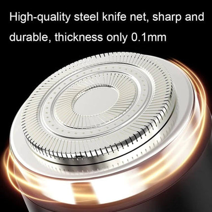 Rechargeable Travel Electric Shaver With Floating Head showing ultra-thin 0.1mm high-quality steel knife net and floating head close-up