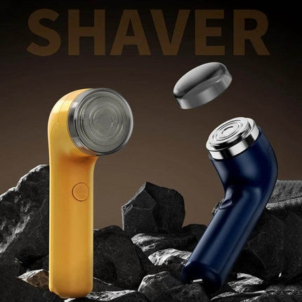 Rechargeable Travel Electric Shaver With Floating Head shown in yellow and navy with Type-C charging and ultra-thin 0.1mm knife net for travel grooming