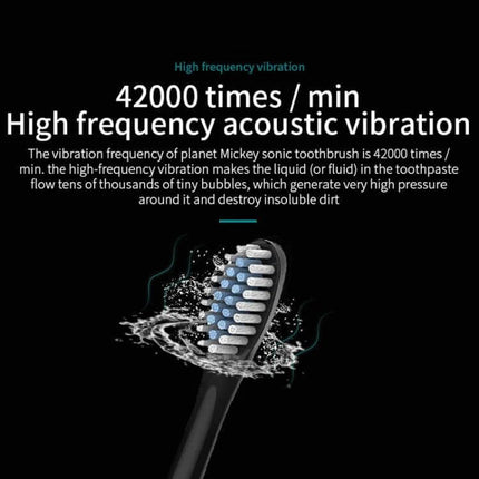 Rechargeable Ultrasonic Soft Bristle Toothbrush With 6 Modes 4 Heads - black brush head showing 42000 times/min high frequency vibration with water splash