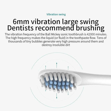 Rechargeable Ultrasonic Soft Bristle Toothbrush With 6 Modes 4 Heads showing soft bristle brush head, 6mm vibration swing, and four-head user set