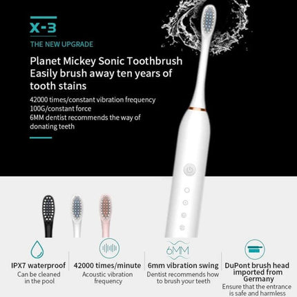 Rechargeable Ultrasonic Soft Bristle Toothbrush With 6 Modes 4 Heads — white rechargeable toothbrush set with four heads, USB, IPX7, 2‑minute timer, 600mAh battery
