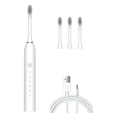Rechargeable Ultrasonic Soft Bristle Toothbrush With 6 Modes 4 Heads in white with 4 replacement heads, USB cable, 600mAh battery, IPX7 waterproof, 2-minute timer