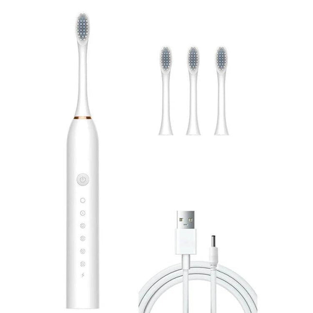 Rechargeable Ultrasonic Soft Bristle Toothbrush With 6 Modes 4 Heads in white with 4 replacement heads, USB cable, 600mAh battery, IPX7 waterproof, 2-minute timer