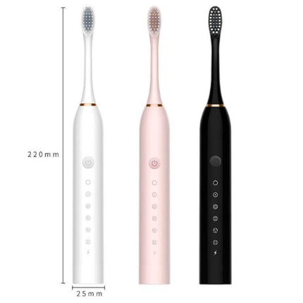 Rechargeable Ultrasonic Soft Bristle Toothbrush With 6 Modes 4 Heads - three color electric toothbrush set, USB rechargeable, soft bristles, 2min timer, IPX7 waterproof