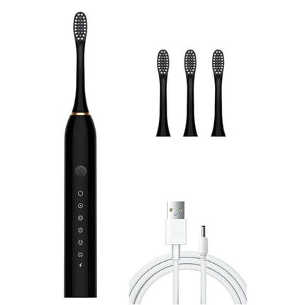 Rechargeable Ultrasonic Soft Bristle Toothbrush With 6 Modes 4 Heads - black electric toothbrush, 4 heads, USB charger, travel-friendly, IPX7