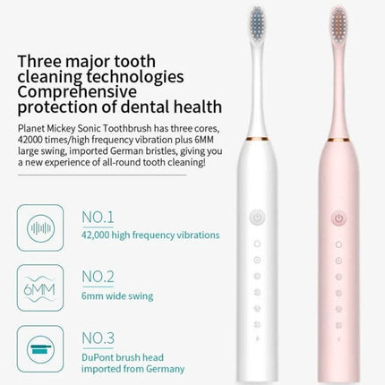 Rechargeable Ultrasonic Soft Bristle Toothbrush With 6 Modes 4 Heads - white and pink USB rechargeable sonic toothbrushes with 4 heads, IPX7, 2-minute timer