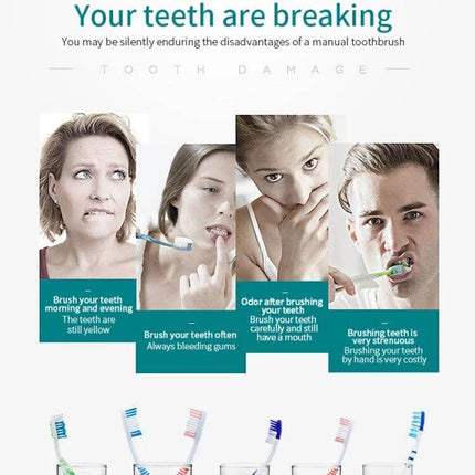 Rechargeable Ultrasonic Soft Bristle Toothbrush With 6 Modes 4 Heads - infographic showing toothbrush problems, 4 users demonstrating brushing issues and replacement heads
