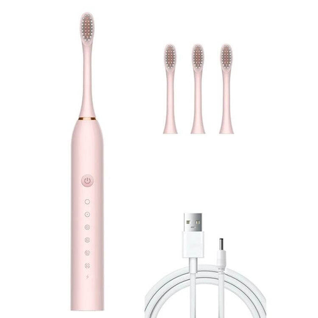 Rechargeable Ultrasonic Soft Bristle Toothbrush With 6 Modes 4 Heads in pink with 4 heads, USB charging cable, 600mAh battery, IPX7 waterproof, 2-minute timer