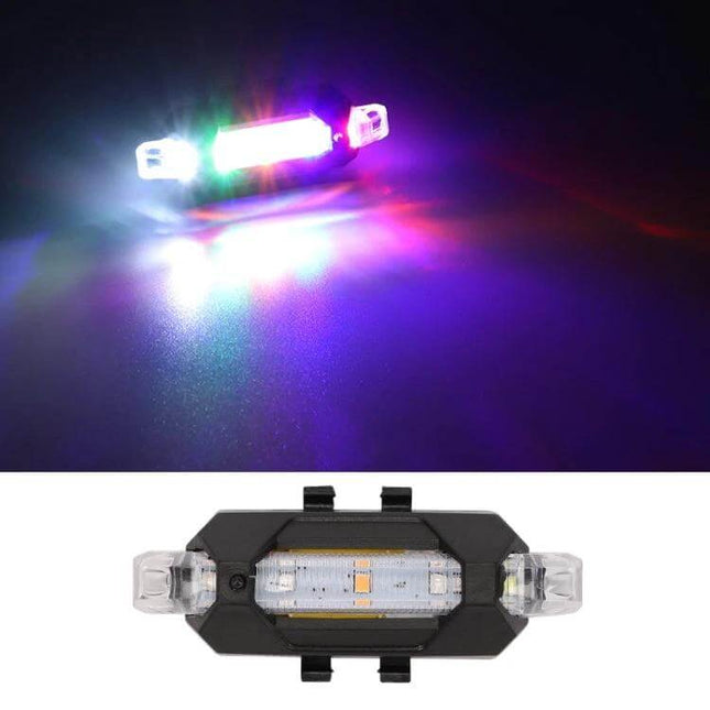 Rechargeable Tail Light for Motorcycle or Bicycle with Strobe mounted showing multicolor strobe glow, compact rechargeable 1W LED rear/front signal light