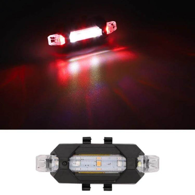 Rechargeable Tail Light for Motorcycle or Bicycle with Strobe mounted showing bright red strobe and compact reversible front/rear mounting