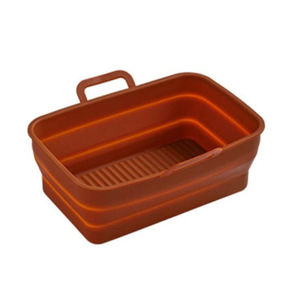 Rectangular Foldable Silicone Air Fryer Basket in brown, food-grade silicone liner that folds flat for easy storage and prevents sticking