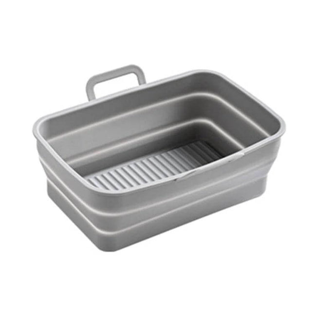 Rectangular Foldable Silicone Air Fryer Basket gray food-grade silicone liner, foldable flat for compact storage and easy cleanup