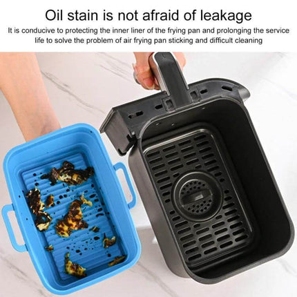 Rectangular Foldable Silicone Air Fryer Basket liner inside rectangular air fryer showing easy cleanup and nonstick foldable silicone