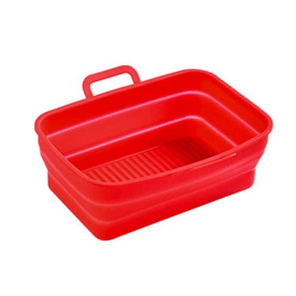 Rectangular Foldable Silicone Air Fryer Basket in red, food-grade silicone liner that folds flat for compact storage and easy cleanup