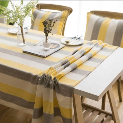Rectangular Striped Tablecloth Cover For Dining Tables on modern dining table with neutral yellow gray stripes, waterproof polyester protection
