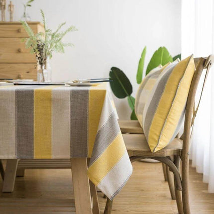 Rectangular Striped Tablecloth Cover For Dining Tables on wooden dining table with neutral yellow and gray stripes, waterproof polyester protecting tabletop