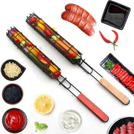 Red Wood-Handle Barbecue Clip Set (2-Pack) For Sausage And Hot Dogs with red-coated iron-wire clips holding vegetables and sausages on grill