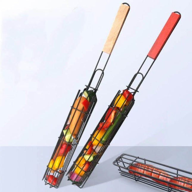Red Wood-Handle Barbecue Clip Set (2-Pack) For Sausage And Hot Dogs - red-coated iron-wire clips holding sausages and veggies on grill