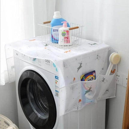 Refrigerator Dust Cover Waterproof Keeps Kitchen Surfaces Clean draped over washer with storage pockets holding detergent and basket