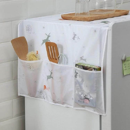Refrigerator Dust Cover Waterproof Keeps Kitchen Surfaces Clean - white PEVA top cover with three pocket organizer holding utensils