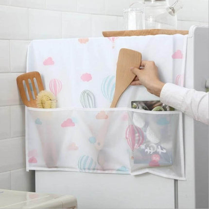 Refrigerator Dust Cover Waterproof Keeps Kitchen Surfaces Clean - PEVA top cover with pocket holding utensils on white tiled kitchen
