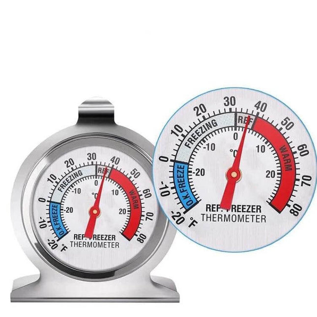 Refrigerator Thermometer, 2 Inch Dial, For Easy Fridge And Freezer Reading stainless steel 2-inch dial fridge freezer thermometer with hook and stand