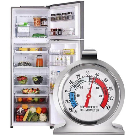 Refrigerator Thermometer, 2 Inch Dial, For Easy Fridge And Freezer Reading stainless steel 2-inch dial in front of open fridge for clear temperature monitoring
