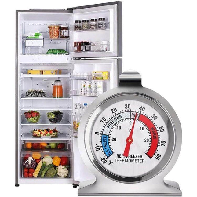 Refrigerator Thermometer, 2 Inch Dial, For Easy Fridge And Freezer Reading stainless steel 2-inch dial in front of open fridge for clear temperature monitoring