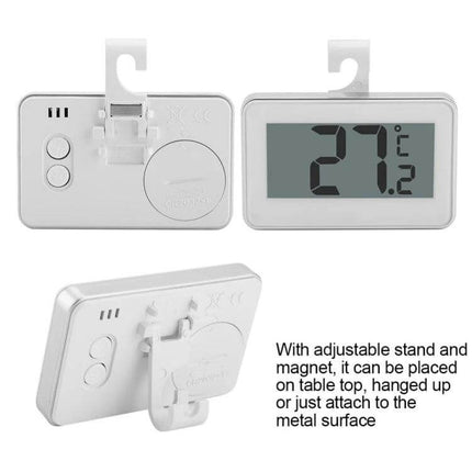 Refrigerator Thermometer Large LCD Display for Kitchen Use - compact white fridge/freezer thermometer showing 27.2°C with hook, stand and magnet