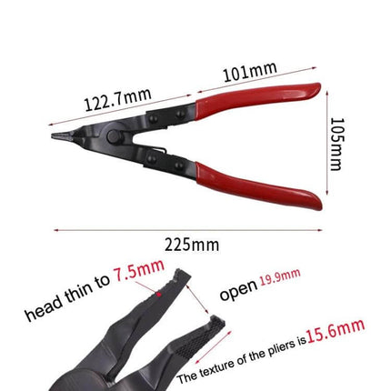 Reinforced Flat Circlip Pliers Flat-Mouth For Snap Ring Install - red-handled spring-assisted circlip pliers, measurements shown