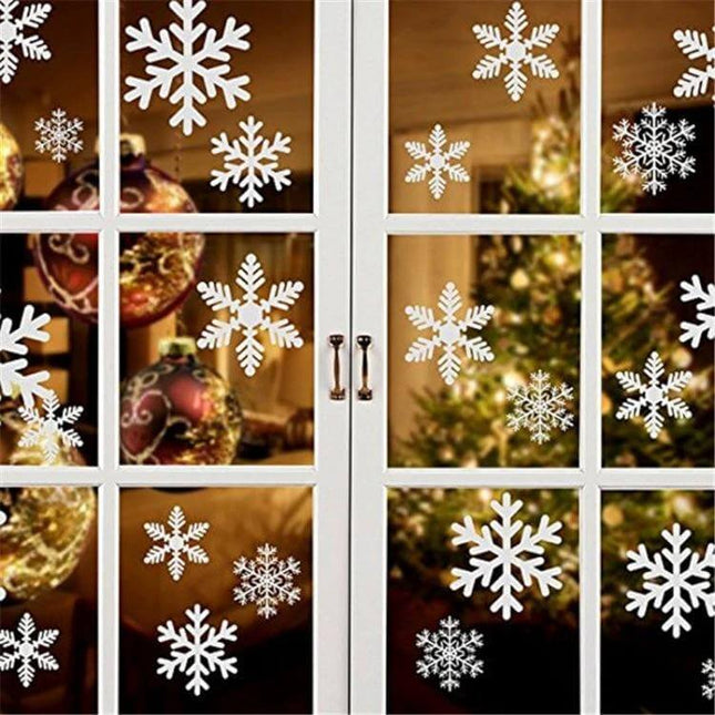 Removable Christmas Window Sticker For Glass - Easy Holiday Decor white snowflake window decals on glass with Christmas tree and ornaments