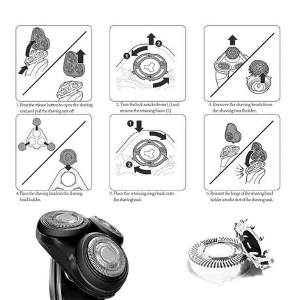 Replacement Blade Head for Electric Shaver Easy to Install — diagram showing step-by-step removal and replacement of shaver heads and retaining ring