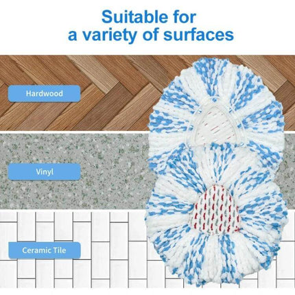 Replacement Microfiber Mop Pad for Vileda and O Cedar EasyWring shown on hardwood, vinyl and ceramic tile surfaces