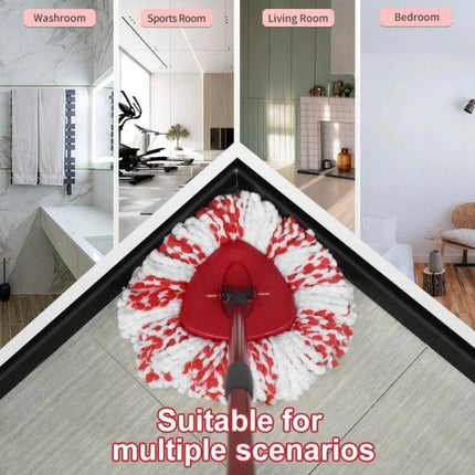 Replacement Microfiber Mop Pad for Vileda and O Cedar EasyWring shown on laminate floor cleaning corners, red-white microfiber head for tile wood stone