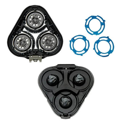 Replacement Shaver Head For Series 5000 Razor Spare Blade Easy To Install - black triangular 3-head shaver cartridge with blue snap-on rings