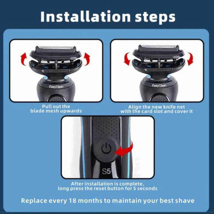 Replacement Shaver Head Kit for Series Five and Seven Shavers installation steps showing foil and cutter block alignment and reset button