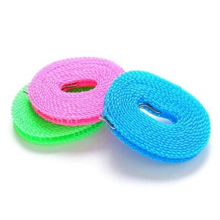 Retractable Clothesline 5m for Travel, Camping and Home Use – compact colorful nylon line with stainless steel hooks, ideal for packing and outdoor drying