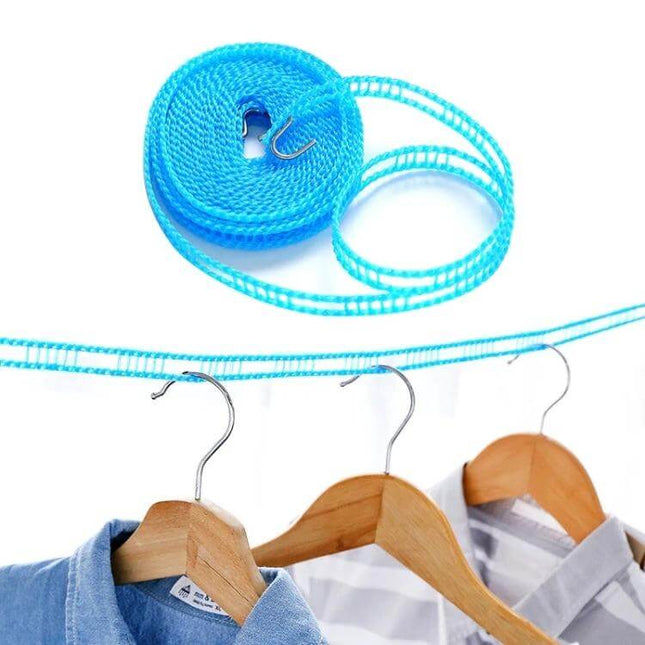 Retractable Clothesline 5m for Travel, Camping and Home Use - compact blue nylon retractable line with stainless hooks holding clothes on hangers