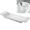 Retractable Bathtub Shelf Rack Adjustable White Gray extending over tub with ventilated surface holding soap and bottles
