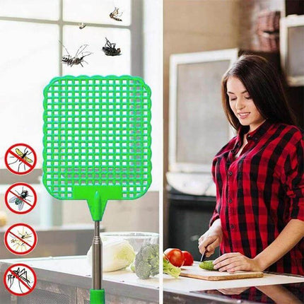 Retractable Fly Swatter For Everyday Home Use Patio - green retractable swatter shown in kitchen and patio use, extendable 28-73 cm, stainless steel and ABS